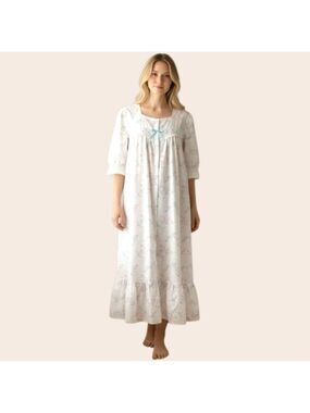 Vintage 70s Barbizon Paris White Floral Nightgown M Puff Sleeve Ruffle Cottage